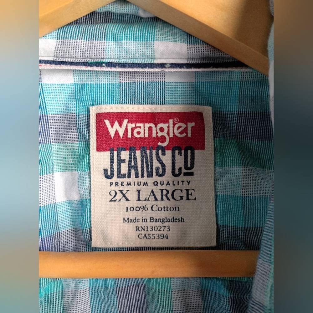 Wrangler Jeans Co. Longsleeve Plaid Teal Button Down Shirt Size 2X - Picture 2 of 4
